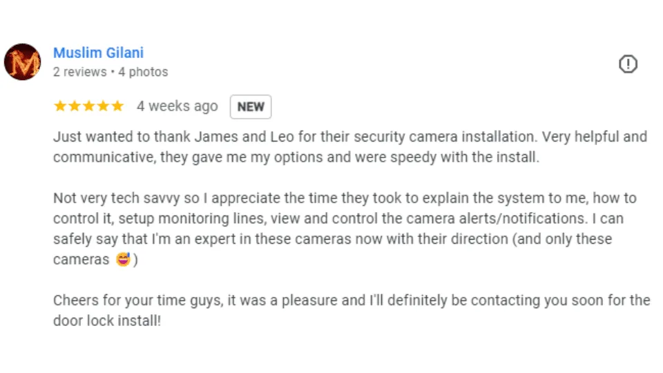 Google 5-star review highlighting professional alarm system installation in Perth