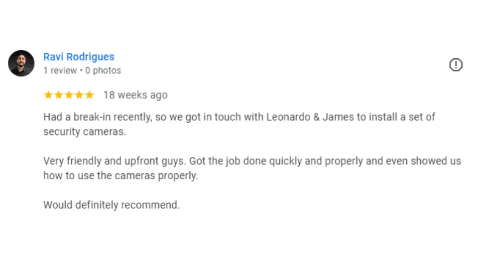 Google 5-star review from a Perth business on responsive security system service