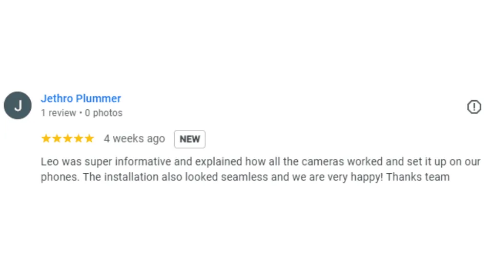 Google 5-star review from a Perth homeowner praising the CCTV install team