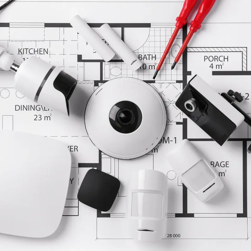 Home alarm system components on a floor plan blueprint